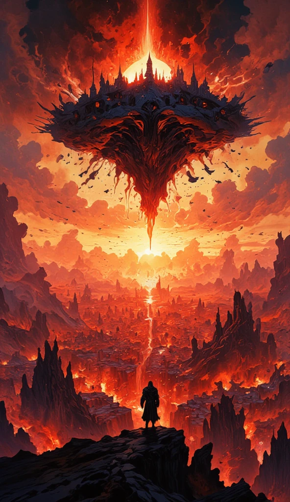 image is a digital artwork depicting a dramatic and apocalyptic scene. The layout is a wide landscape orientation, showcasing a fiery, chaotic environment. The sky is dominated by a warm, orange hue, with dark clouds and a setting sun partially obscured by smoke. In the foreground, a lone figure in dark armor stands on a hill, observing the destruction below. The middle ground features a city engulfed in flames, with several buildings visibly burning. A large, floating castle hovers above the city, emitting two bright beams of light directed towards the ground, suggesting a magic attacks being shoot at the city below. Swarms of birds or debris are scattered across the sky, adding to the sense of chaos. The overall color palette is dominated by reds, oranges, and blacks, enhancing the apocalyptic atmosphere.