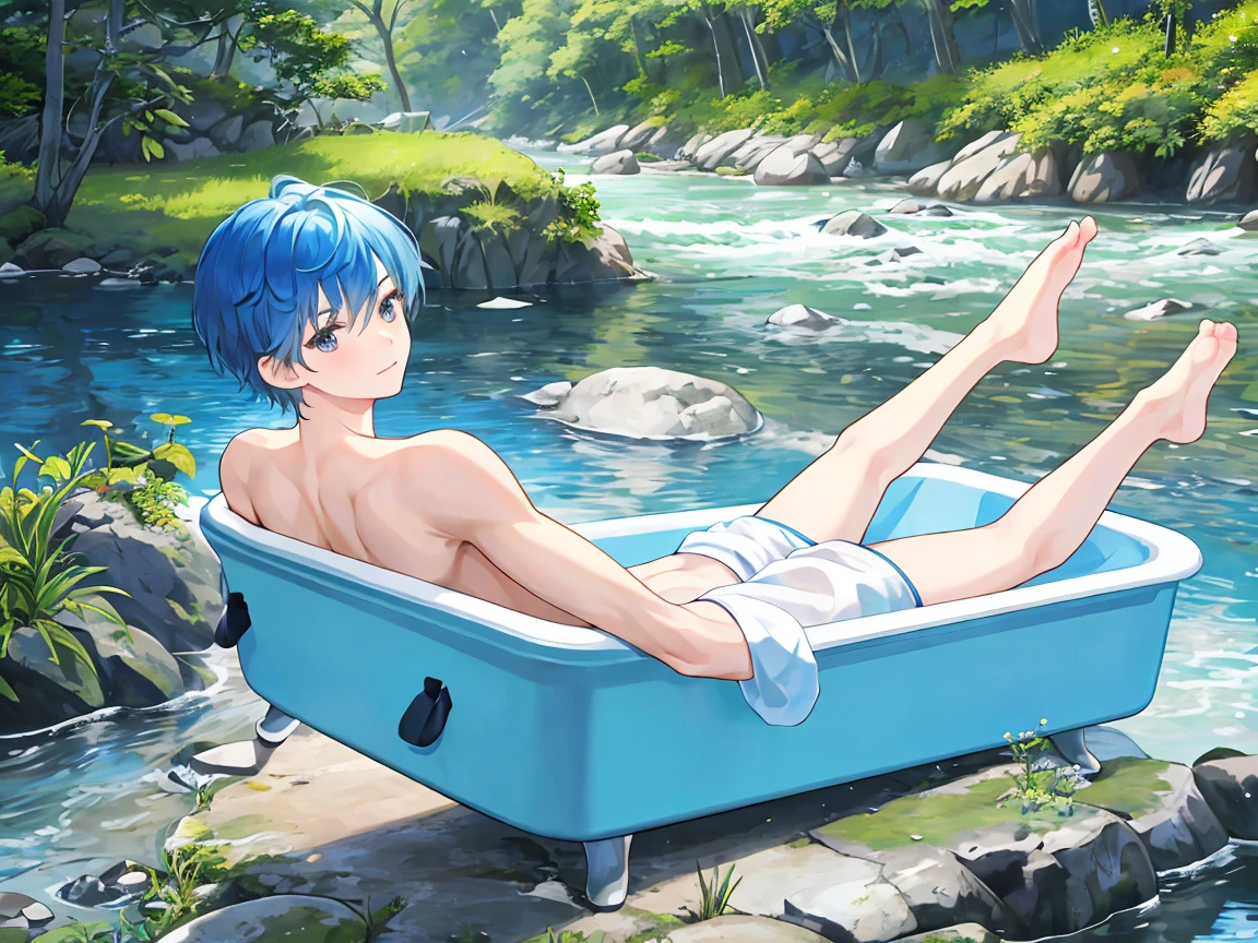 The blue-haired, short-haired wizard man is naked, wearing white boxer shorts, and bathing in the river