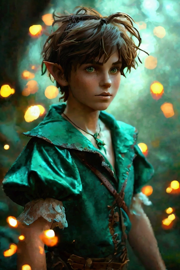 Peter Pan, Gothic neverland backdrop, Peter Pan character in green and brown neverland inspired attire. Peter Pan has short brown mangy hair, animal skin clothing, tattered short shoulder cape, hovering in the air beside a tiny female pixie. Castlevania ambiance