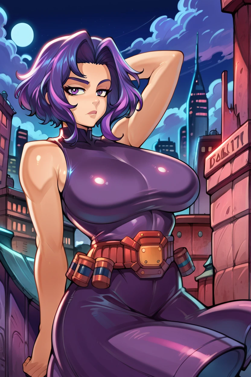 score_9, score_8_up, score_7_up, score_6_up, source_anime, BREAK 1girl, solo, ladynagant, purple hair, streaked hair, short hair, purple eyes, purple dress, belt, sleeveless, (huge breasts:0.7), looking at you, expressionless, night, city, full body,reiq art style,arms behind head