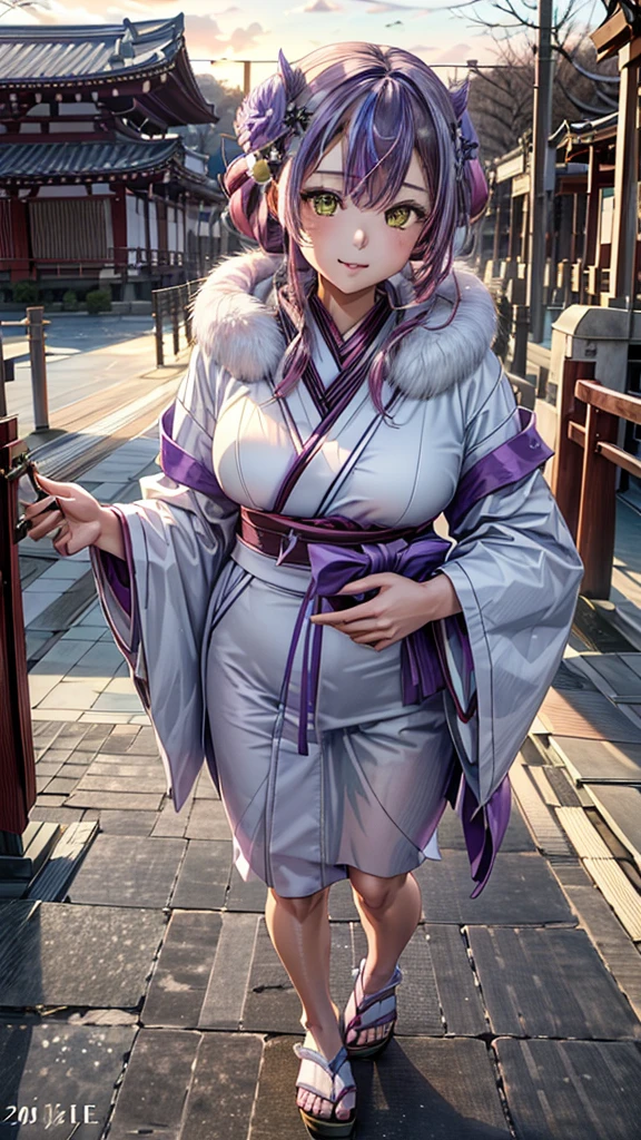 (highest quality)), ((masterpiece)), (familiar), Perfect Face,Shiny skin,Beautiful breasts、Shiny skin、(((White-purple 、kimono/ kimono,japanese clothes、Hairpin、fur jacket、Sandals)))、oil skin、Sweat、Off the shoulder、Double teeth 、、Big Breasts、Embrace、winter、close、near、(((Asahi、 sunrise)))、、(((tokoyami towa (Hololive). )))、(((new year)))、(((crowd)))