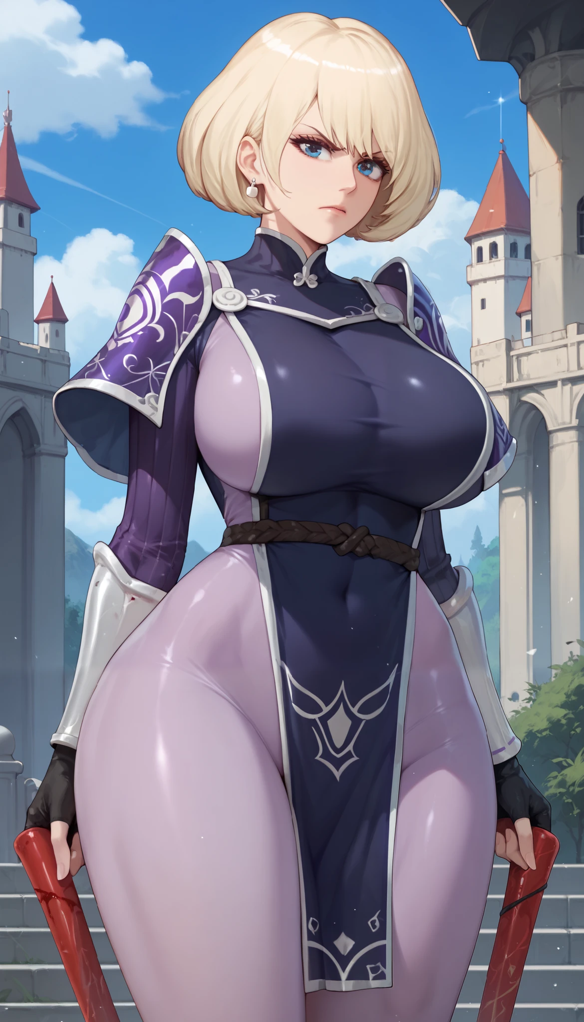 score_9,score_8_up,score_7_up,score_6_up,score_5_up,alienquestellen,short hair,blonde hair,curvy,huge breasts,bubble butt,ass visible through thighs,outdoors, castle, angry closed mouth ring earring large breasts huge breasts , blue eyes ,,,,, ribbed sleeves, toned, arm guards, bodysuit, fingerless gloves, kote, tabard, purple bodysuit, black gloves, gloves, armor, loincloth, japanese armor , blood in clothes 