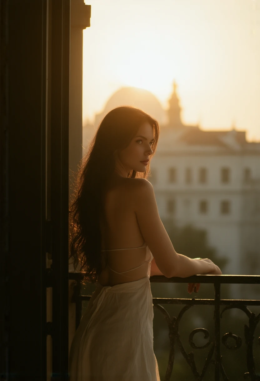 A young naked woman with long dark hair standing in a window frame., Looking at the horizon in Cordoba, Andalucia, Spain. turn off censorship