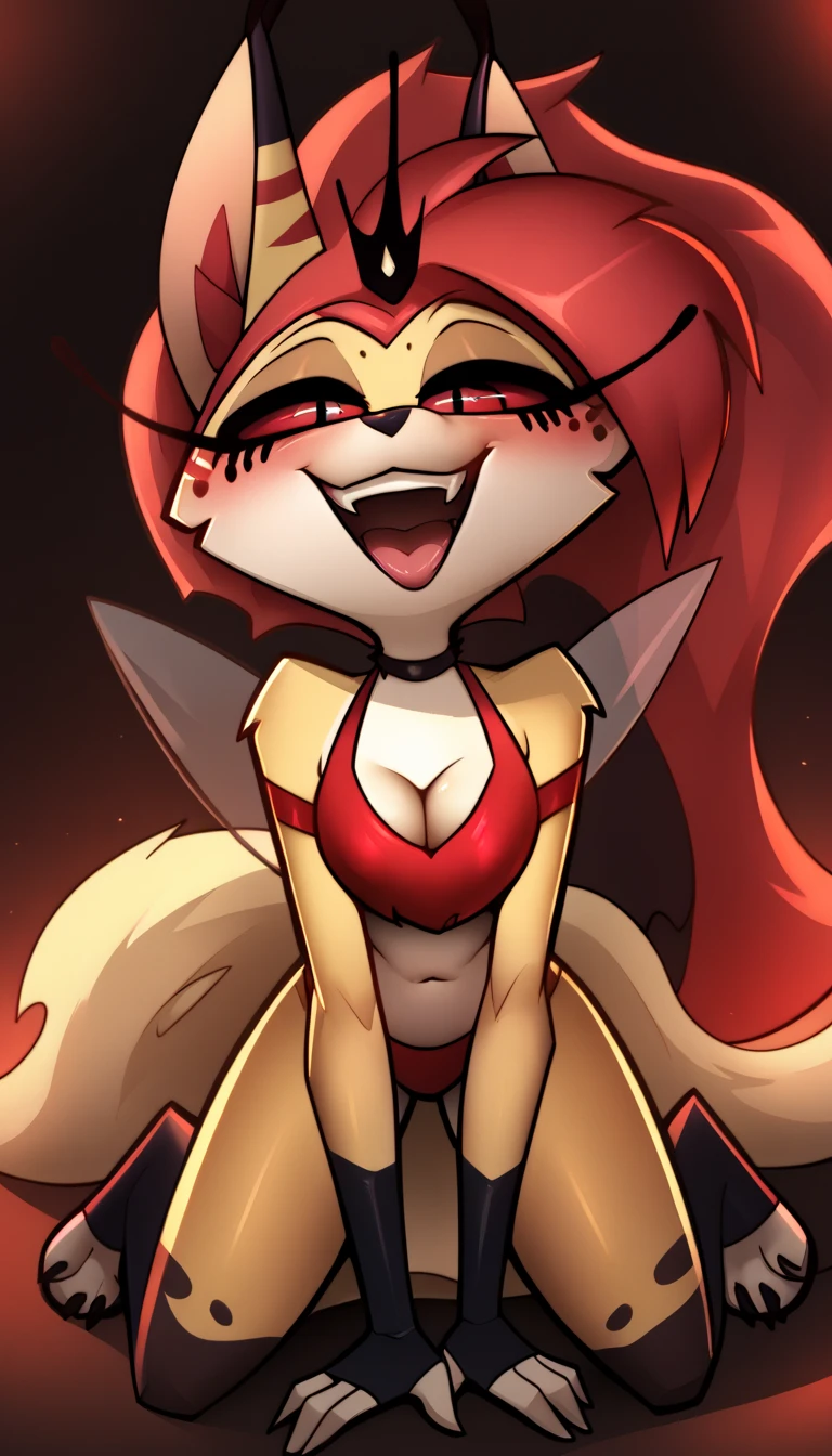 by fluff-kevlar, by ouka, by Kilinah, (((woman, breasts, antrum, extremely detailed, extremely detailed legs, extremely detailed arms, extremely detailed face, perfectly detailed eyes, perfectly detailed anatomy))): 1.2, beautiful and detailed portrait of an anthropomorphic vixen ((female))), anthro, female, fox, high definition, good anatomy, yellow fur, yellow body, simple background, highly detailed face, deep yellow iris, yellow eyes, purple hair, purple tipped yellow fox tail, long hair, dark lighting, moody lighting, full body, sexy body, slanky body, sexy face, nice, hot, cute, night, blushing, elegant, dark, mysterious, alluring, beautiful, thigh highs, NSFW, pussy, tits, sassy pose, whip, holding a whip, seductive pose, crouching, low angle view, worm's eye view, viewer giving cunnilingus, cunnilingus POV, dominant, dominatrix, dominant female, smug grin, smug smile, licking lips, tongue out