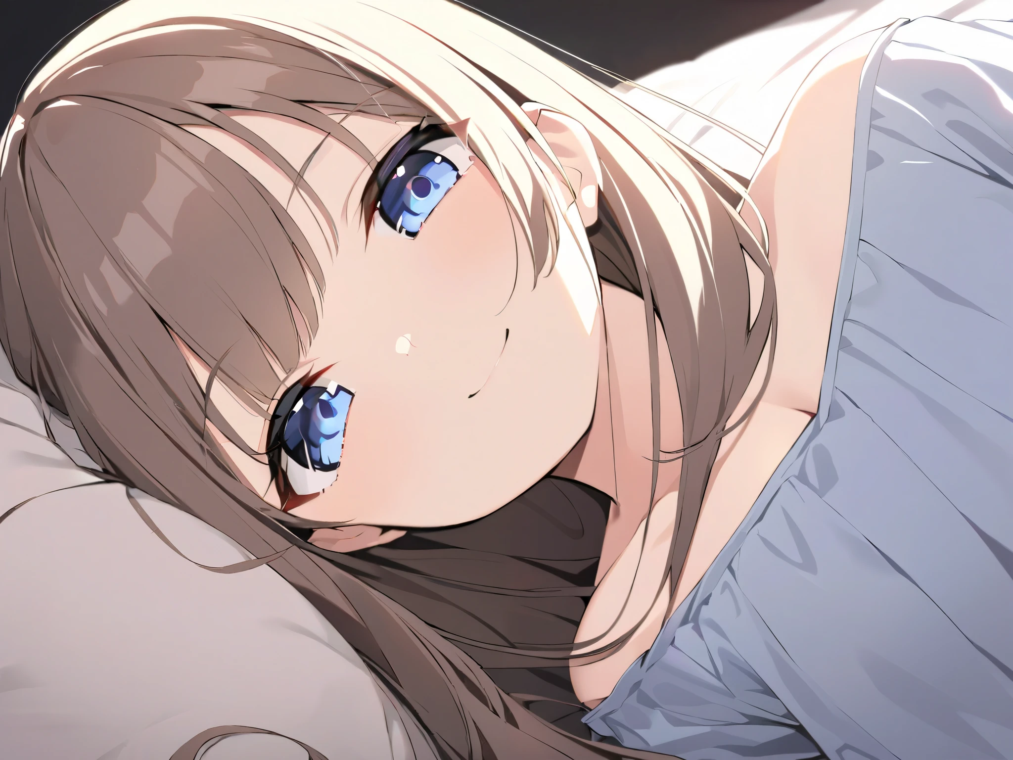 masterpiece、 top quality 、woman、 dark background 、 look at the viewer 、pattsun maegami、Chest-length hair、Ash brown colored hair、blue dark eyes 、 princess cut、 I'm lying on my bed 、smile、 looking over here 、Sleepwear