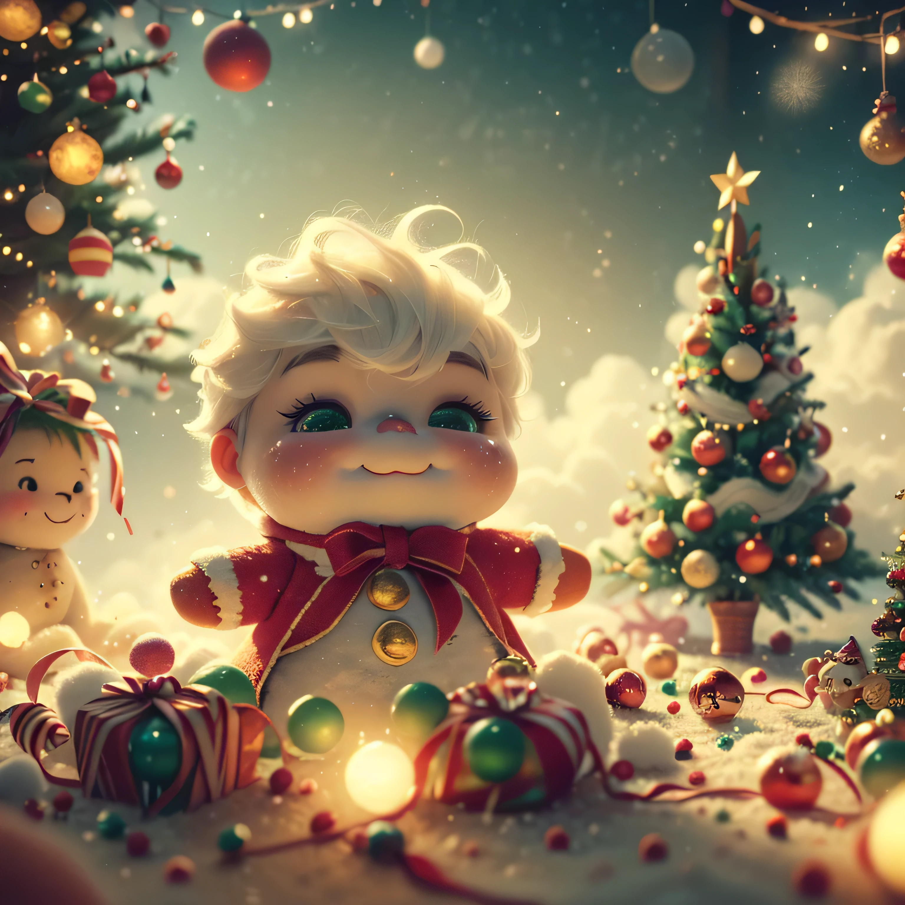 A beautiful, adorable gingerbread man made entirely of soft, light cinnamon clouds, peacefully nestled in a bed of fluffy clouds. The gingerbread man has a gentle, serene expression on his face in his sleep, with his soft, dream-like appearance. The surrounding clouds are colored in pastel shades of gold and emerald, creating a warm and dreamy atmosphere. The entire scene is bathed in a soft, ethereal light, enhancing the magical and fantastical quality of the image. The gingerbread man is intended to appear as a seamless part of the cloudscape, blending perfectly with the surrounding clouds, yet maintaining distinct, realistic features that enhance his cuteness and charm. Hyperrealistic, splatter art, conceptual art, medium ground, intricate detail, depth of color, vibrant colors, dramatic, tilted 2/3 angle, side light, colorful background. Christmas lights in the background and a Christmas tree. Christmas theme, blurred background, fantasy, Gouves style artwork, realism: 1.37, (super fine fantasy art), masterpiece, high quality design & accurate physics (super accurate fantasy style)) art, dark fantasy style)), super accurate design & accurate physics), color, depth of field, shadows, ray tracing, (accurate simulation of the interaction of light and materials)], intricate Christmas decorations, glowing garlands, sparkling decorations, natural light, soft background, photorealistic, sparkling eyes, sharp focus, glowing skin, cute and naughty look, hint of mischief, dreamy atmosphere, super glossy effect, fine details, soft ambient light, (Backlight: 1.3), (Cinematic: 1.2), intricate details, (ArtStation: 1.3)