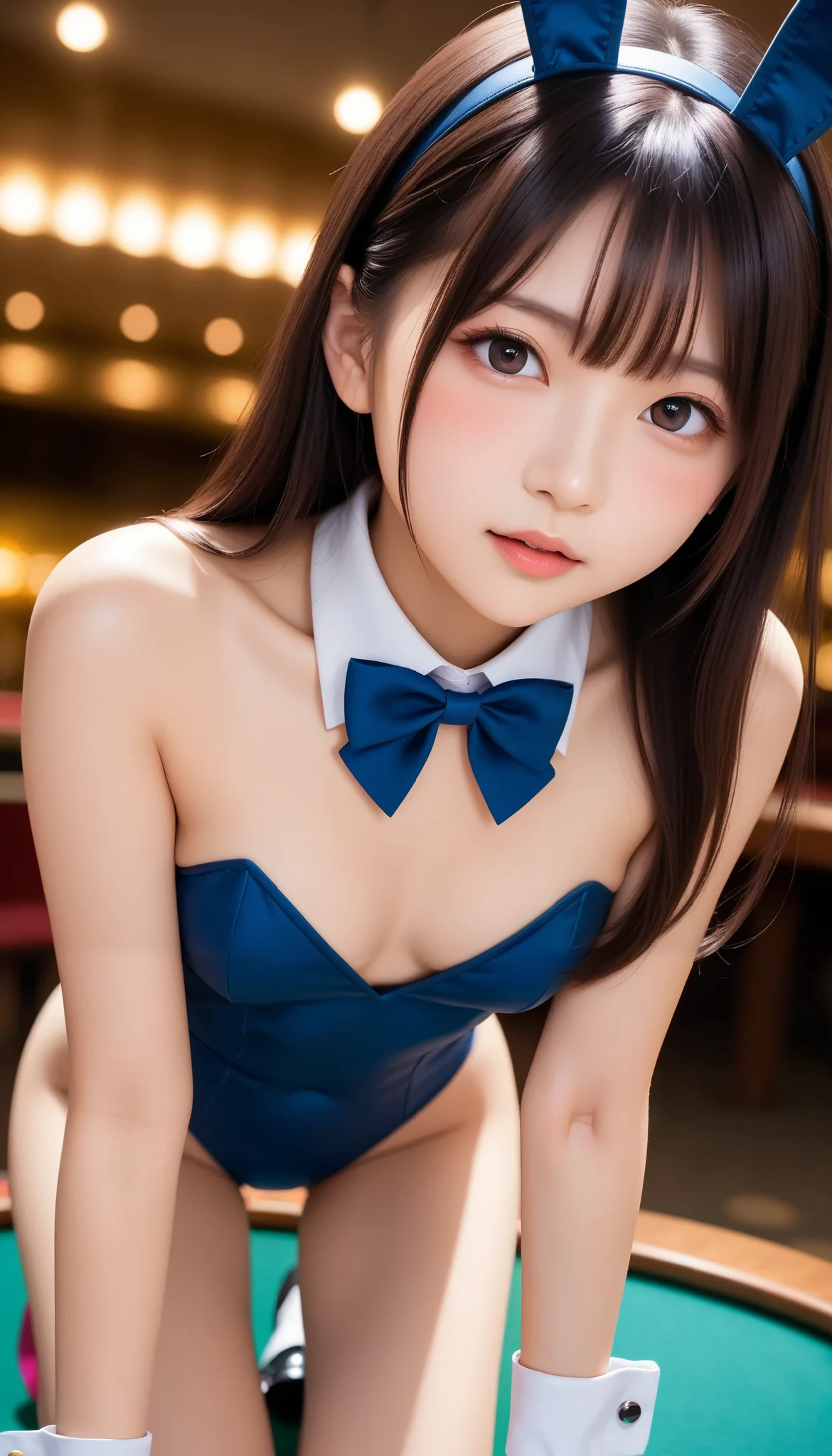 ((blowjob motions)), ((Standing on all fours at the casino)), (( sitting on a casino table in a cute bunny suit)), slender,  Japanese ,  1 girl, 18 years old, ((( very embarrassing expression, blush))),  ideal body proportions for standing on all fours at a casino, Brown Hair, No bangs,  small breasts,  erect nipples , slender,  tight waist, (Small beautiful butt), ( thin thighs ),  Surrealist ,  cinematic lighting,  deep border, First Person View,  F/1.8, 135mm,  ticker, masterpiece, Curation,  anatomically accurate under the classroom pulpit, textured skin,  super detailed ,  high detail,  High Quality , Awards, 最 High Quality ,  High Definition , 8k,  idol face, *********, ( detailed hands ,  perfect right hand)