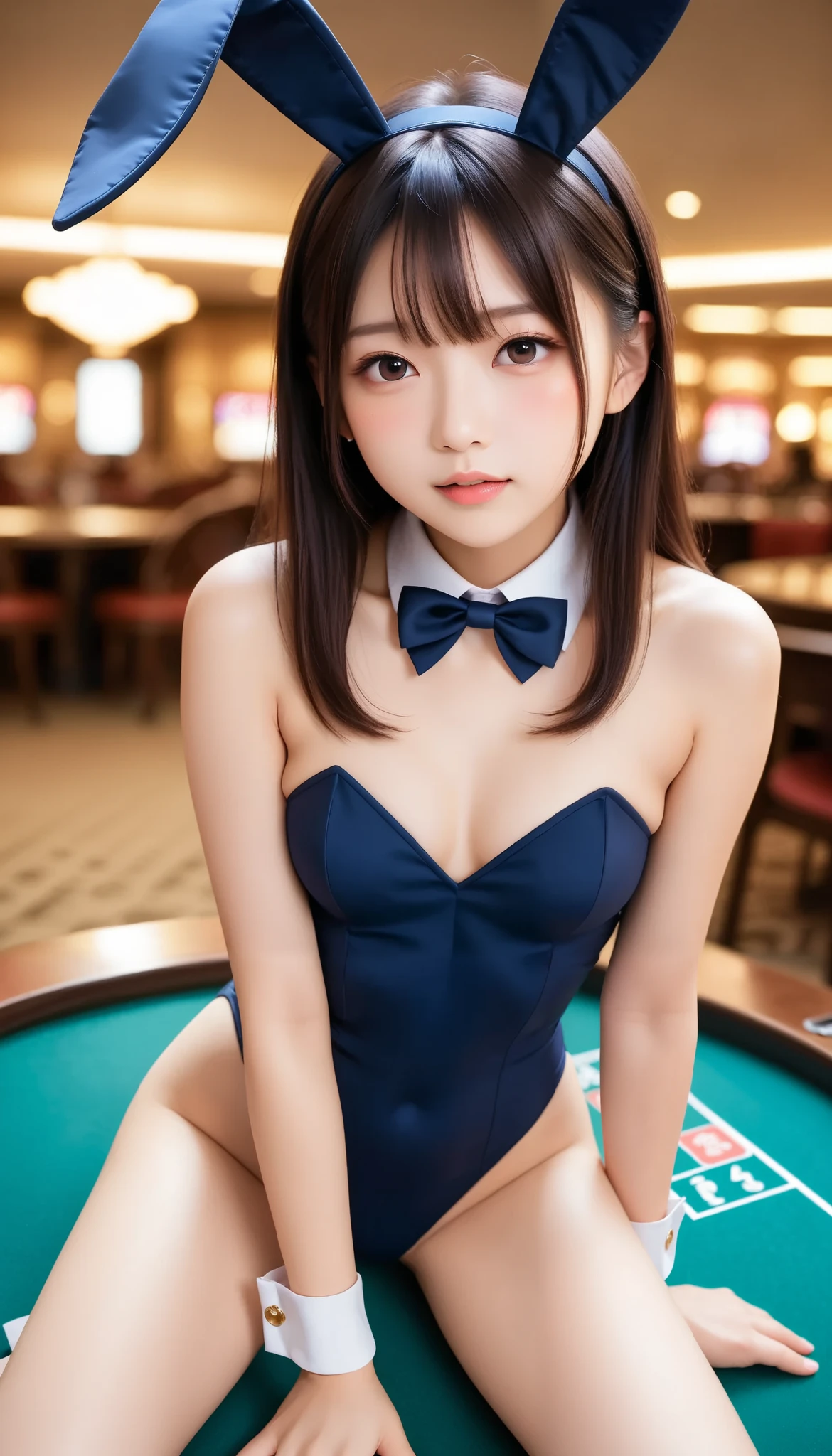 ((blowjob motions)), ((Standing on all fours at the casino)), (( sitting on a casino table in a cute bunny suit)), slender,  Japanese ,  1 girl, 18 years old, ((( very embarrassing expression, blush))),  ideal body proportions for standing on all fours at a casino, Brown Hair, No bangs,  small breasts,  erect nipples , slender,  tight waist, (Small beautiful butt), ( thin thighs ),  Surrealist ,  cinematic lighting,  deep border, First Person View,  F/1.8, 135mm,  ticker, masterpiece, Curation,  anatomically accurate under the classroom pulpit, textured skin,  super detailed ,  high detail,  High Quality , Awards, 最 High Quality ,  High Definition , 8k,  idol face, *********, ( detailed hands ,  perfect right hand)