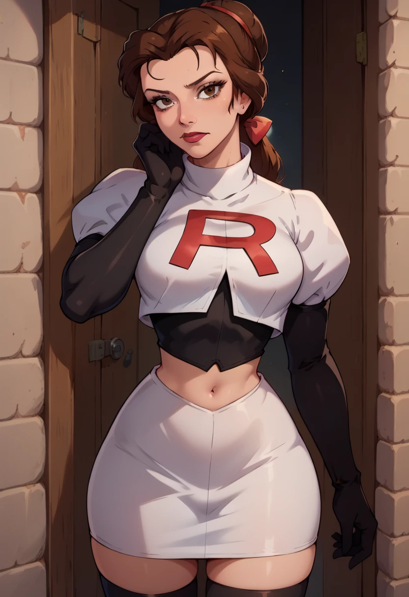 deliaketchum, brown hair, (brown eyes:1.7), parted bangs, (ahoge:1.5), ponytail, low ponytail,glossy lips, light makeup, eye shadow, earrings ,team rocket,team rocket uniform, red letter R, white skirt,white crop top,black thigh-high boots, black elbow gloves, evil sinister villianess look, looking down on viewer, pantie shot, arms crossed