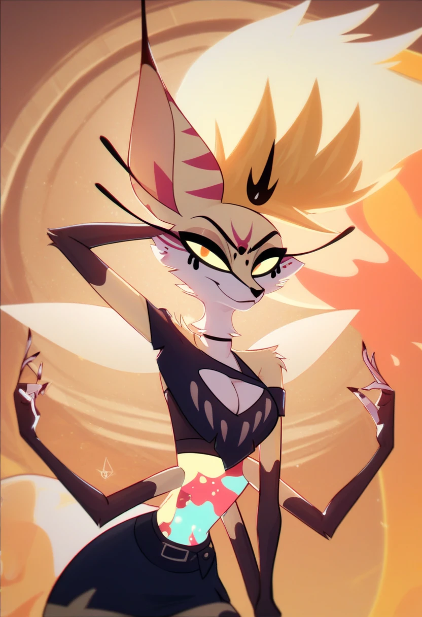 girl, One, Cleavage, Smile, QueenB, Anthro Fennec, Fluffy woman, Mohawk hairstyle, Ethereal hair, White and gold hair, Yellow eyes, Yellow sclera, Long eyelashes, Flowing mascara, Golden fur, White fur, Striped ears, Golden waist, Pixie wings, Four arms, Looking at viewer, Black necklace, Black bra, Police style, Mini skirt, Crop top uniform, High quality 4K