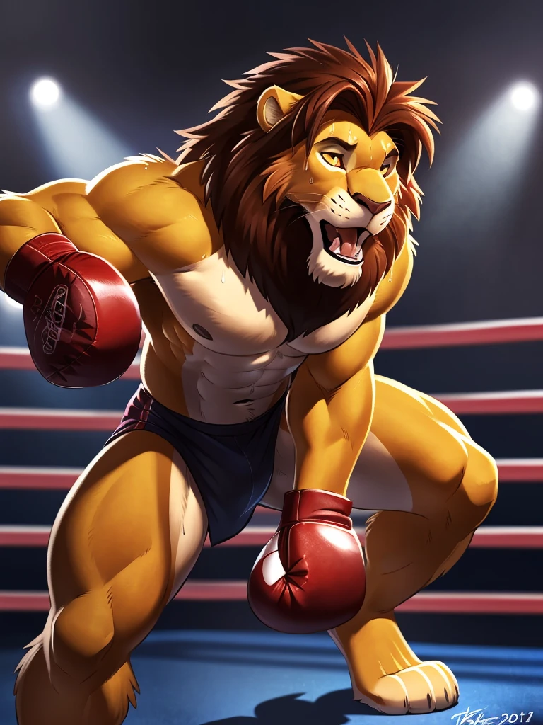 Head of lion, focus on head, Lora:simba,  4k, high resolution, best quality, posted on e621, solo, anthro body, male lion, adult, masculine, slim:1.2, correct anatomy, (boxing ring background, gym background), (blurry background, out-of-focus background:1.2), (by wfa:1.0), (by takemoto arashi:1.0), (by Taran Fiddler:0.5), sexy, (cel shaded, cartoony shading:1.2), black lineart, black outline, flat coloring, (strong shadows, dark shadows:1.2), sexy shadows, lion tail, slim posture, open mouth, sticking out tongue, open:1 eyes, detailed eyes, tilted head, exhausted, wet sweat:1.2