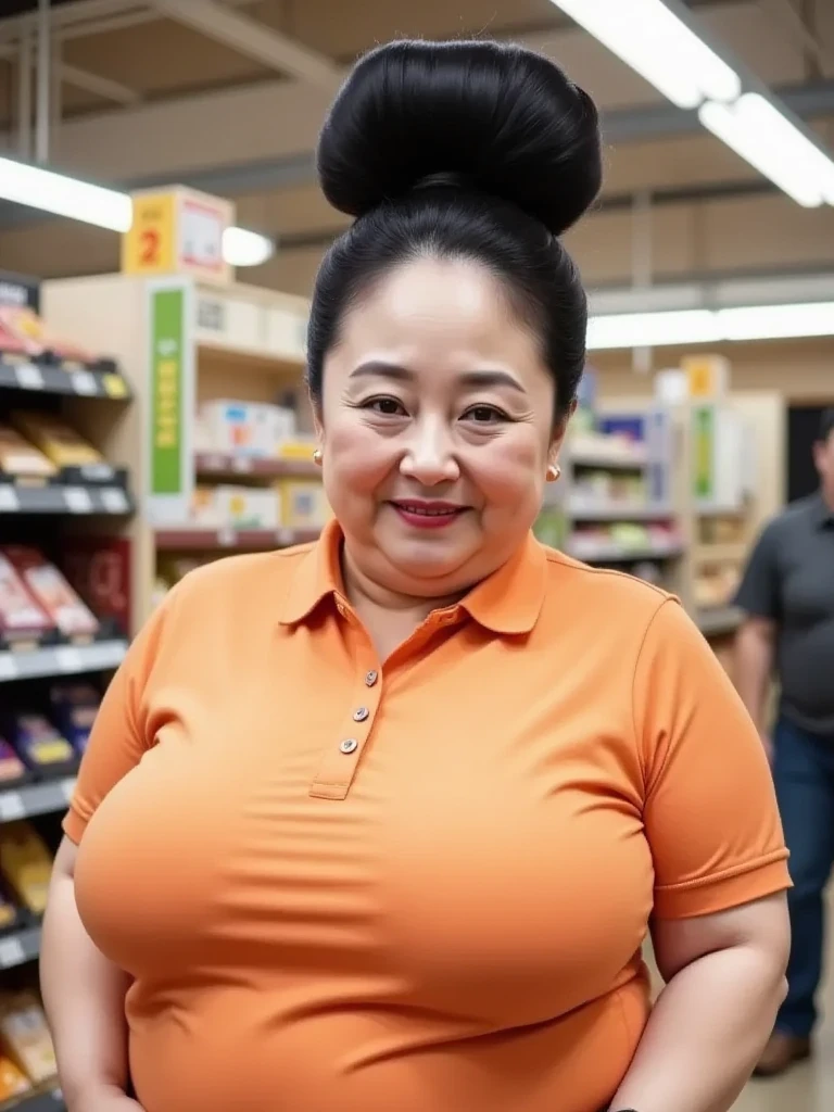 8k, top quality , masterpiece, super high res,(masterpiece:1.6, top quality ), complicated details, Middle-aged woman in her 50s , Japanese , full body , On the head, (( huge bun hair , Big Hair Bun :1.5)),(( Jet Black Hair:1.5 )), ((Forehead:1.5)), ((Extreme obesity, Fat face, Round face, Saggy face, wrinkles on crow's footprints :1.4)), ((huge breasts, huge breasts:1.5)), ((Super saggy breasts:1.5)), (( blue-white skin, pubic skin,make up,red lips)),(( orange polo,White pants, Supermarket Checkout :1.2), ((A mature woman with a huge hair bun is working in a supermarket:1.5)),