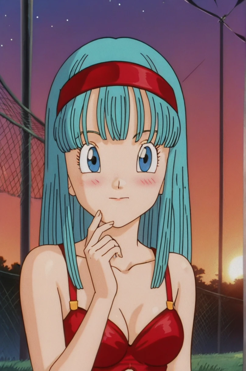 source_anime, score_9, score_8_up, score_7_up, anime screencap, 
bulla, long hair, straight hair, aqua hair, blue eyes, looking at viewer, red hairband, closed mouth, bangs, bare shoulders, 1girl, solo, blushing, sexy face, grass, sunset, Watching the sunset, beach in open sea sunset, sun, collarbone, whole body, standing up, outdoors, retro artstyle, , 1990s \(style\),  underwear, scratched lingerie, mesh stockings, transparent tights, melancholic, thoughtful, hand on the chin, medium ass, breasts, sexy