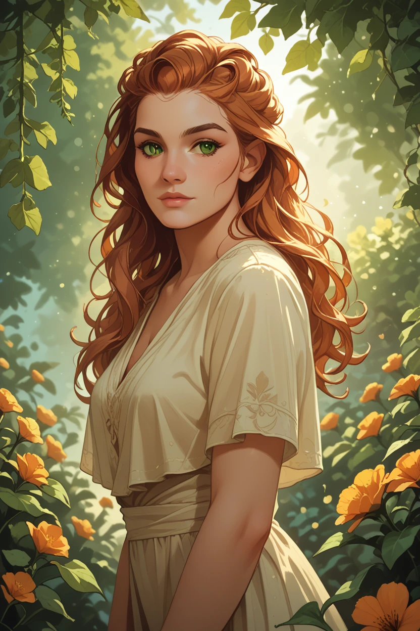 score_9, score_8_up, score_7_up,
HFWAloy, 1girl, orange hair, long hair, green eyes, looking at viewer, standing in a sunlit garden, surrounded by blooming flowers, soft focus background with bokeh, gentle breeze rustling through leaves, romantic and dreamy ambiance