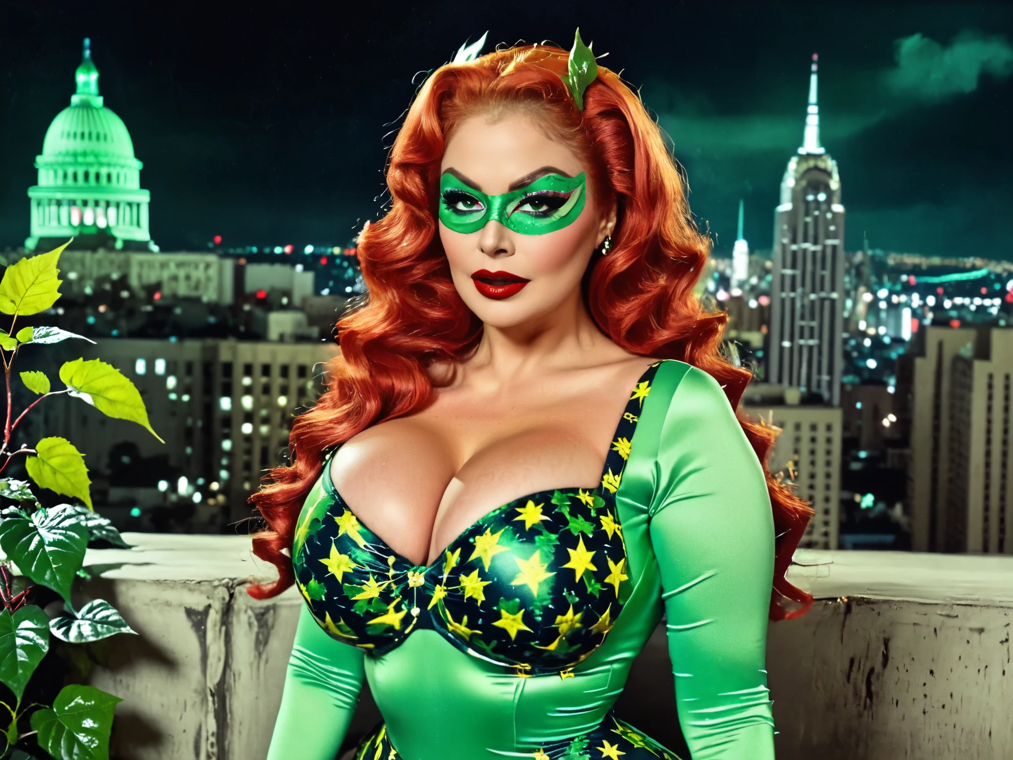 full shot poison ivy, villain face, green eye mask, some plants in her body, big breast,vintage,old movie style, 50s movie,she had green gloves, night city background