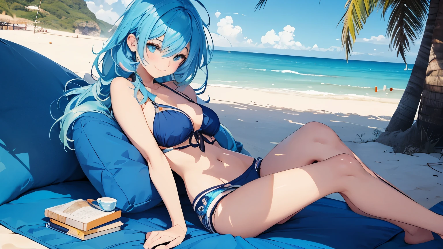 (masterpiece, best quality), 1girl, solo, (red streaked hair), (blue hair), green eyes, slim, large breasts, long hair, sexy, bikini, garter, pool, summer