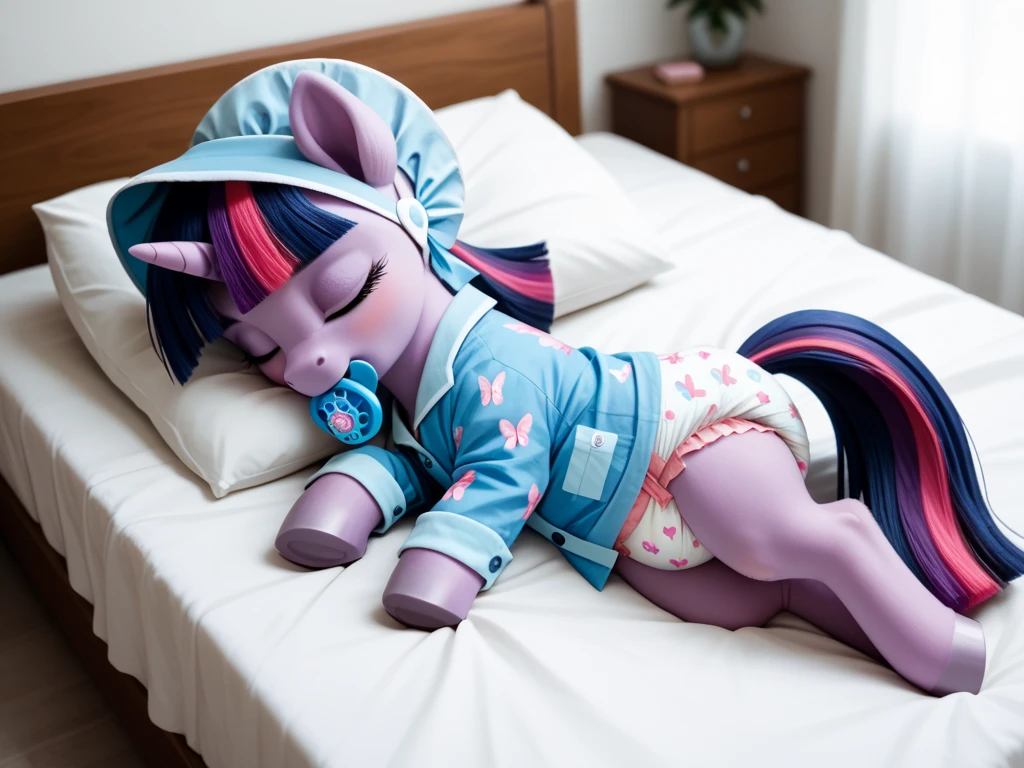 pony, purple unicorn, dark blue mane with purple streak and pink streak, the tail is dark blue with a purple strand and a pink strand, closed eyes, on the side close to the back hoof is a drawing of a pink star with six small stars around a central star, adult mare, sleeps in an adult-sized crib, dressed in an adult size bodysuit and booties, baby adult size pacifier in mouth, solo, thick diaper under clothes.