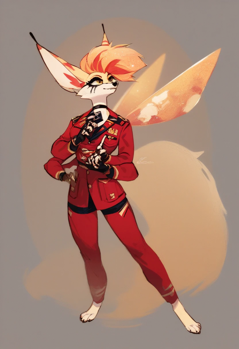 girl, one, gray, queenB, anthro fennec fox, furry woman, mohawk hairstyle, ethereal hair, white golden hair, yellow eyes, long eyelashes, flowing mascara, golden fur, white fur, striped ears, pixie wings, four arms, black choker, red military uniform, in the office, full length
