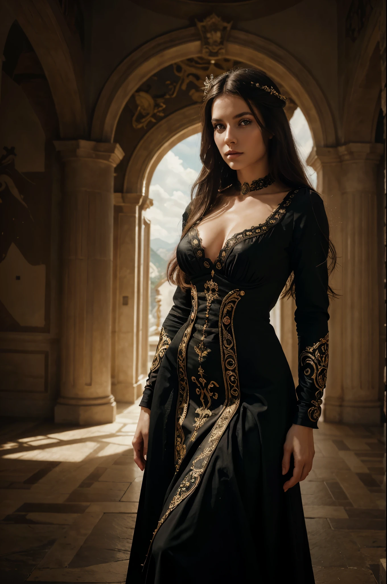 (masterpiece, top quality, best quality, official art, beautiful and aesthetic:1.2), (1girl:1.3), long and curly dark brown hair, extremely detailed, portrait, looking at viewer, solo, (full body:0.6), detailed background, close up, mischievous eyes, (warm summer castle theme:1.1), sorceress, charlatan, smirk, mysterious, walking in courtyard, revealing ((dark red)) sorcerer attire, red knee-length red skirt, off shoulder, straps, long sleeves, loose sleeves, cloak, corset, black leggings, black trousers, black pants, long brown boots, buckles, straps, pouches, magic energy, red fabric, white trim, ((((gigantic breasts, cleavage, skindentation)))), slim waist, slim hips, long legs, medieval (castle exterior:1.1) background, dark mysterious lighting, shadows, magical atmosphere, dutch angle