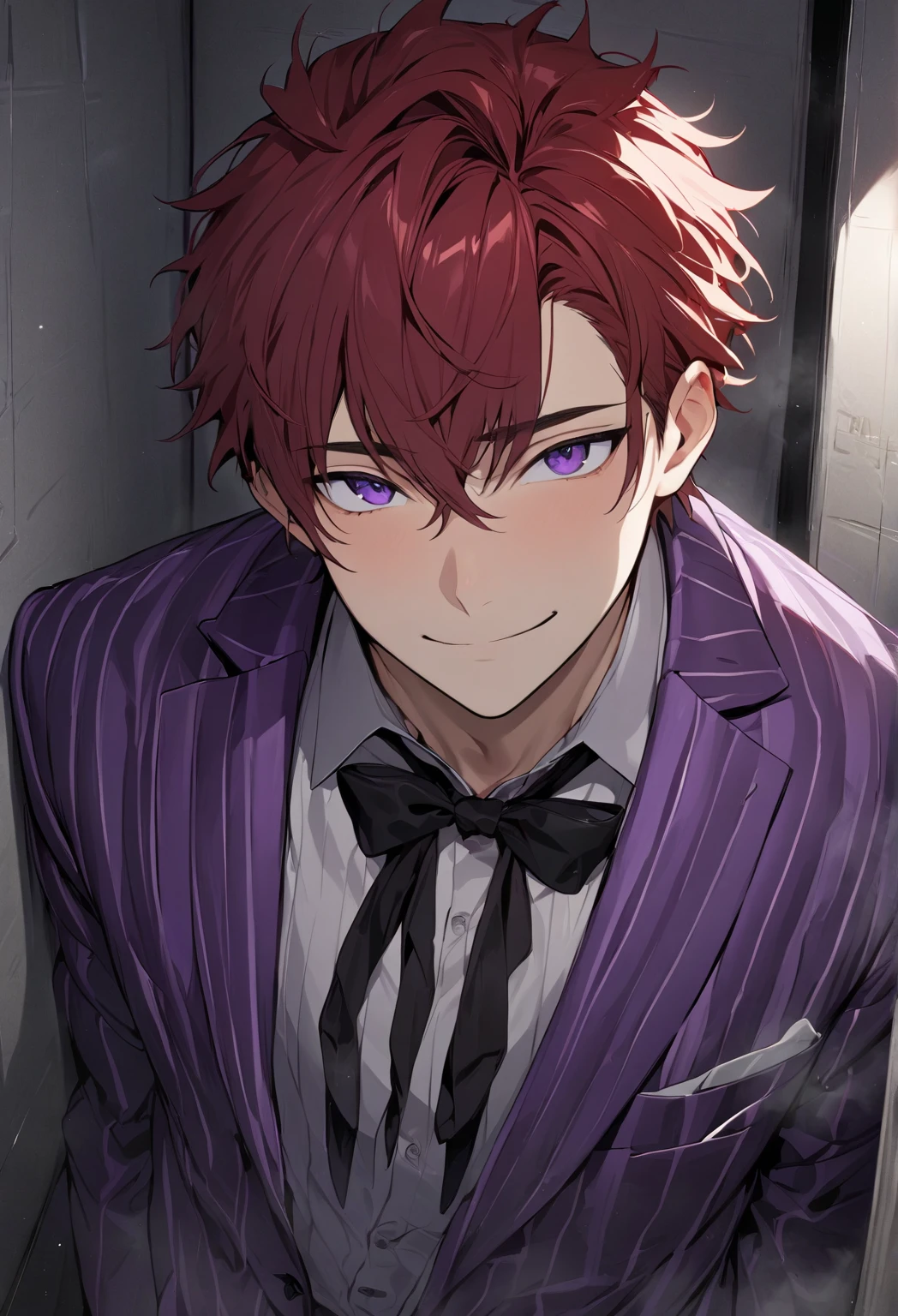 (Masterpiece, high resolution, best quality), solo, 1 boy, 20-years old man, cute, handsome face, red hair, dark purple eyes, Purple striped suit with bow tie, looking at viewer, solitary confinement in a mental hospital, young man, handsome face, eyes smiled, horny