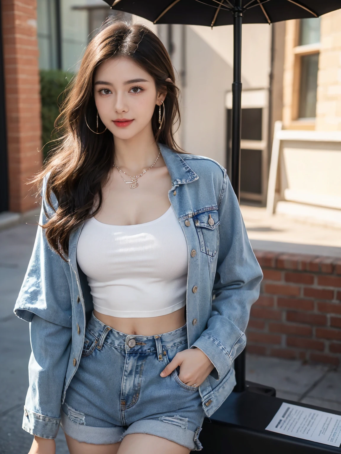 (better quality) 8ก, 32k, Masterpiece, UHD: 1.2)perfect body,sexy,1 gram,woman,Asia,9 p.m., stripes, detailed face,(High quality) (realistic) Photos for documents, front viewer, blurred background, smile, (wearing jeansr jacket and jeans suits, deep neck line), flower pattern bra, black boots ,sitting on the sofa, (( Sit and make your legs look like the letter M.))elegant, fine hair, Korean pictures ,Chest size 36 inches,big breasts,Pose like a professional model.,โฟกัสbig breasts, smile, Breast cleavage,Bokeh ,Lift your head up, look up, hold your head up, laugh with your mouth wide open.,