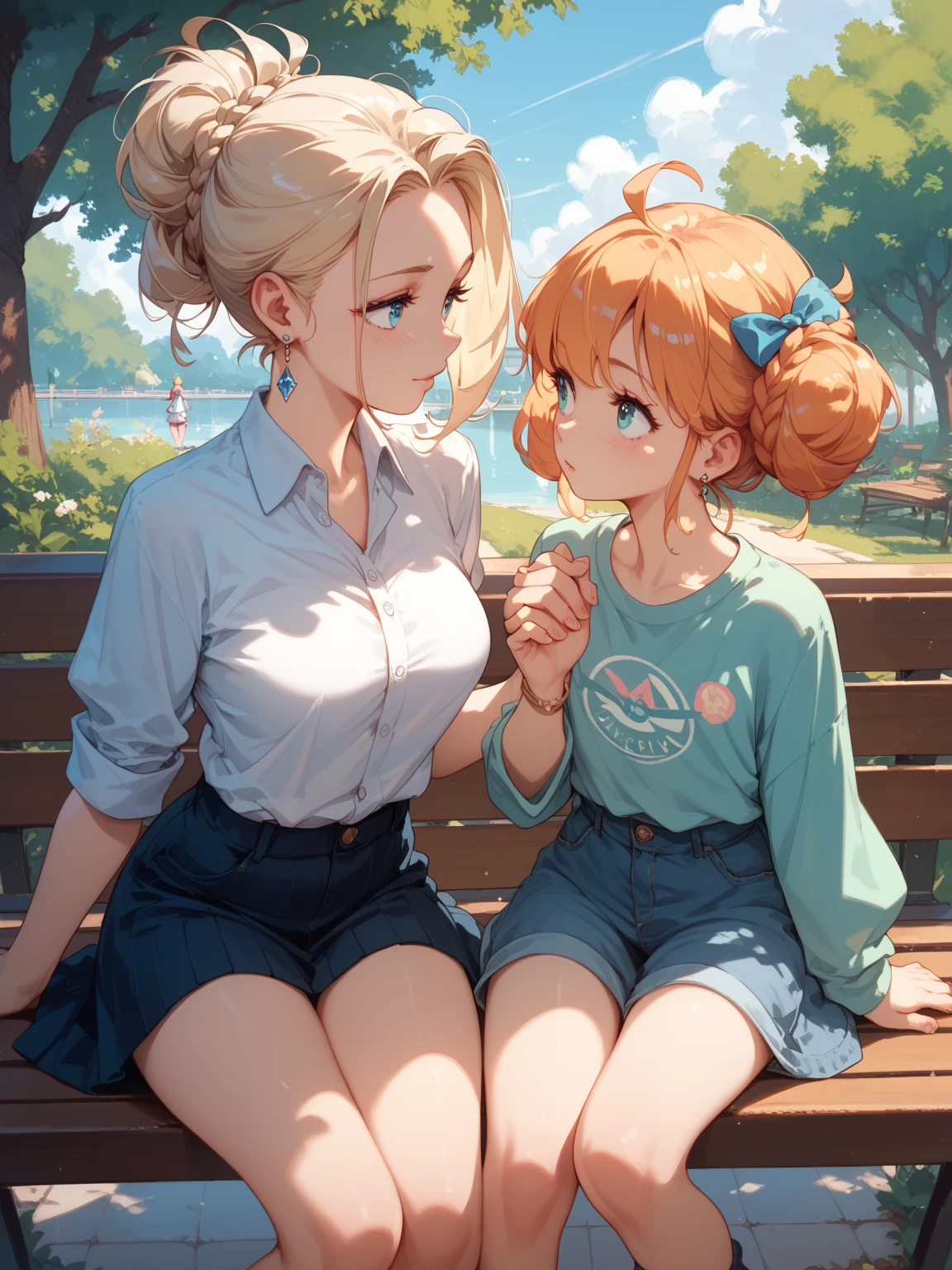 Spectacular anime style. In a park two women are sitting on a bench holding hands and looking into each other's eyes. Their story is a mystery. The image lets the viewer's imagination run wild. 