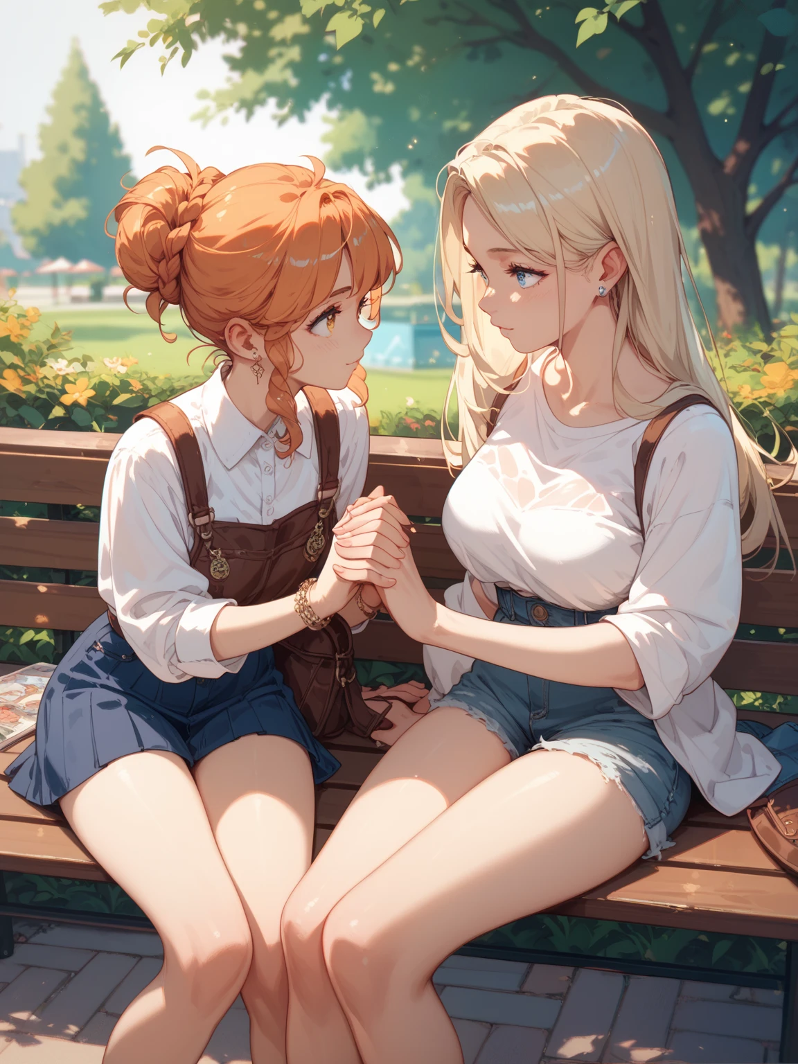 Spectacular anime style. In a park two women are sitting on a bench holding hands and looking into each other's eyes. Their story is a mystery. The image lets the viewer's imagination run wild. 