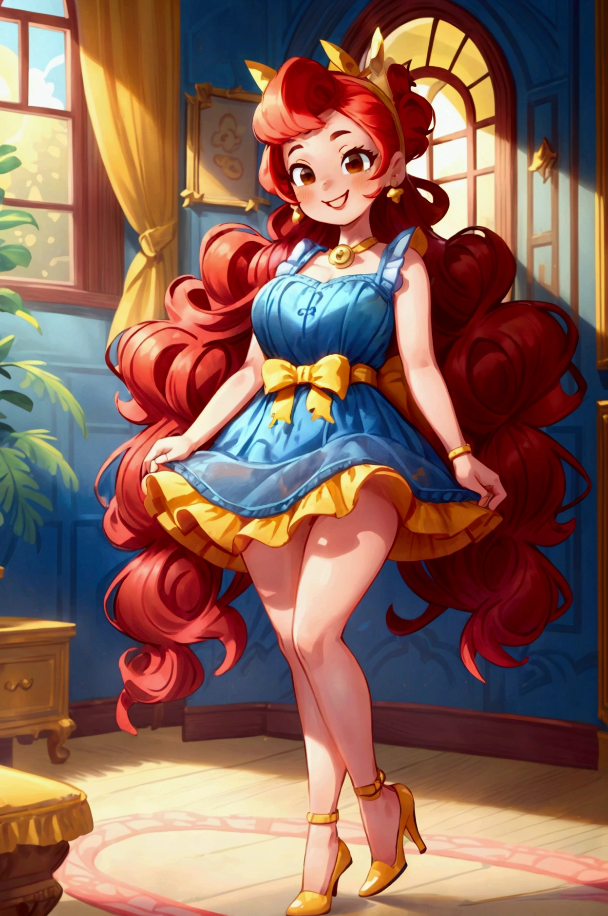 (masterpiece, best quality) (Landscape: standing, indoor, intricate detail, sunlight) (Outfit: blue and yellow frilly dress, red high heel shoes, earrings, headband ) (Body: red hair, brown eyes, big size body, lovely) (Expressions: smiley face, sexy pose, coquette) 
