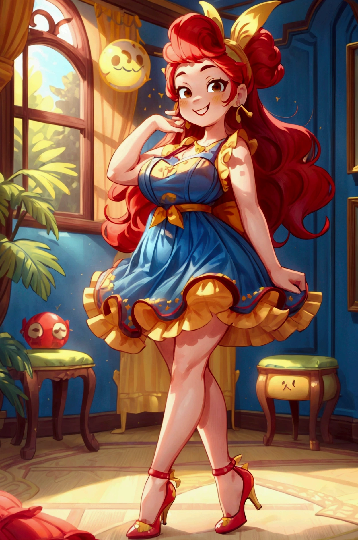 (masterpiece, best quality) (Landscape: standing, indoor, intricate detail, sunlight) (Outfit: blue and yellow frilly dress, red high heel shoes, earrings, headband ) (Body: red hair, brown eyes, big size body, lovely) (Expressions: smiley face, sexy pose, coquette) 
