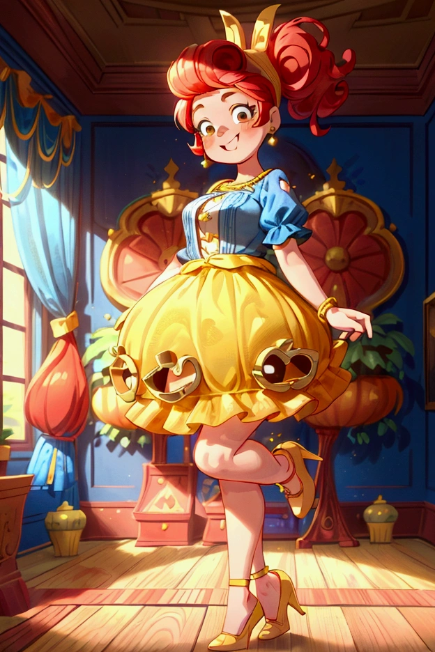 (masterpiece, best quality) (Landscape: standing, indoor, intricate detail, sunlight) (Outfit: blue and yellow frilly dress, red high heel shoes, earrings, headband ) (Body: red hair, brown eyes, big size body, lovely) (Expressions: smiley face, sexy pose, coquette) 
