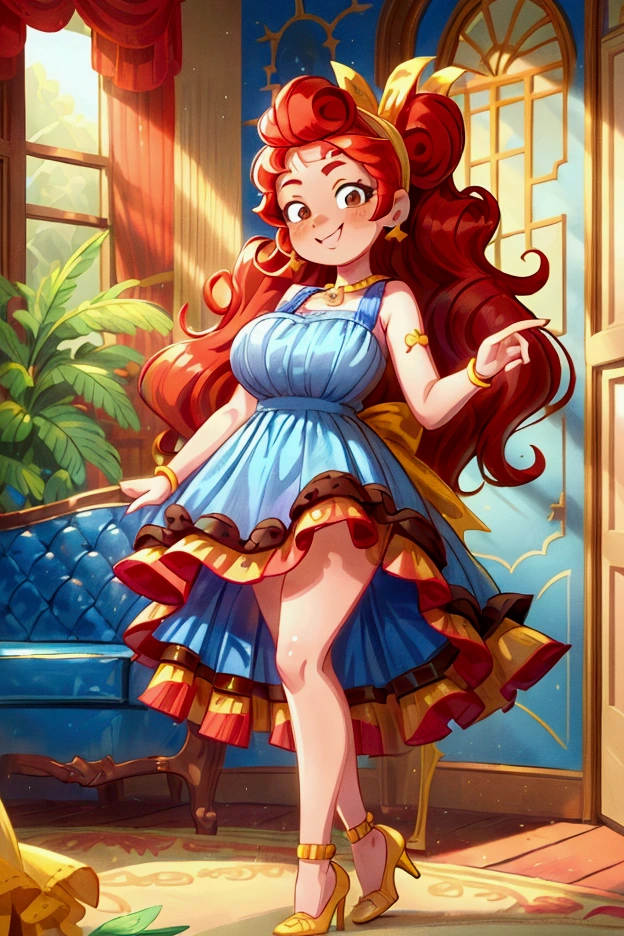 (masterpiece, best quality) (Landscape: standing, indoor, intricate detail, sunlight) (Outfit: blue and yellow frilly dress, red high heel shoes, earrings, headband ) (Body: red hair, brown eyes, big size body, lovely) (Expressions: smiley face, sexy pose, coquette) 
