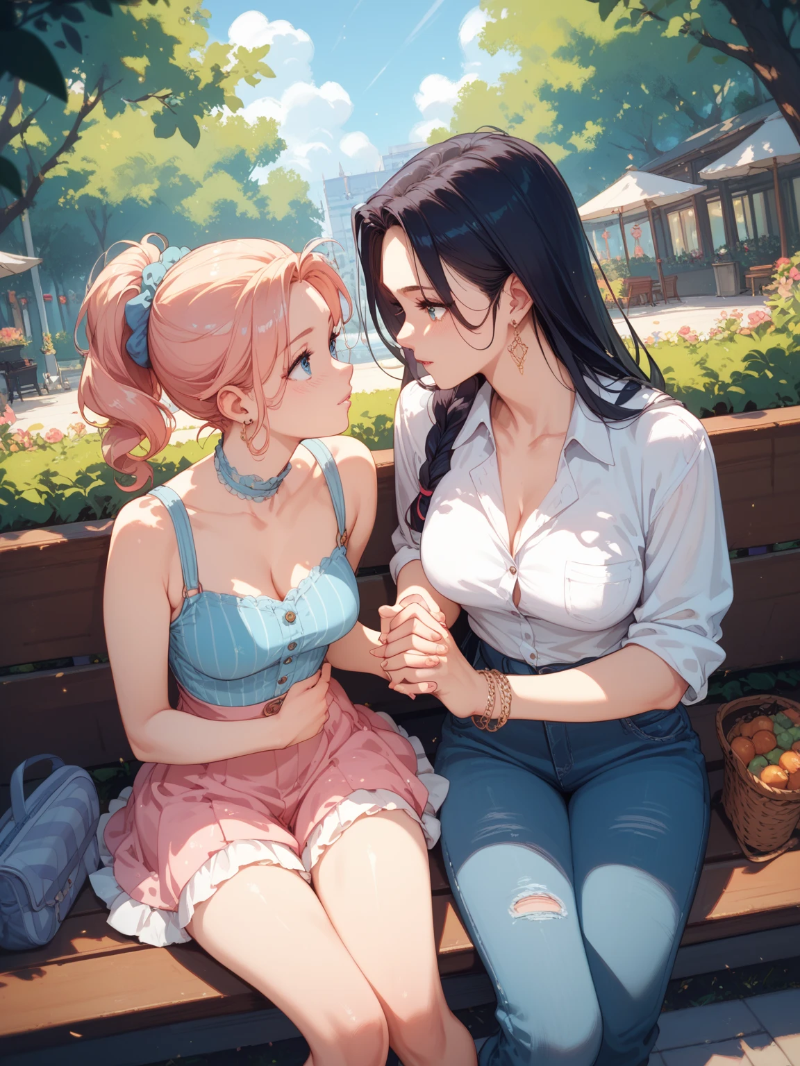 Spectacular anime style. In a park two women are sitting on a bench holding hands and looking into each other's eyes. Their story is a mystery. The image lets the viewer's imagination run wild. 