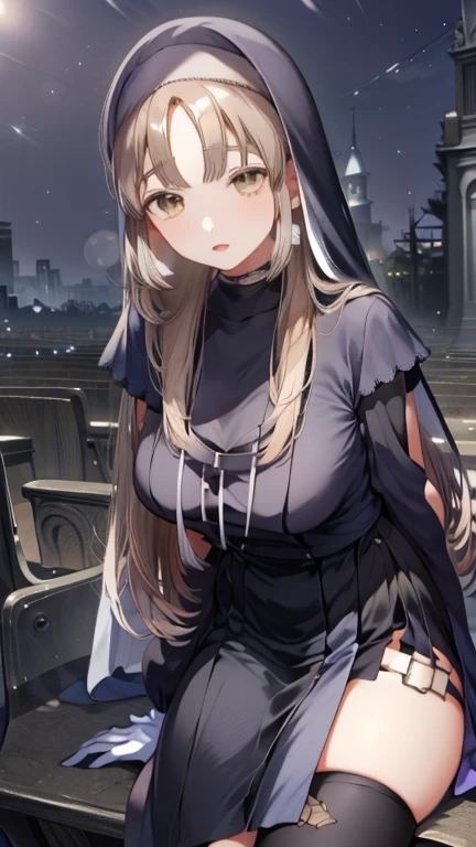 masterpiece, best quality, highres, clearire1, 1girl, sister cleaire, outdoors, heavy rain,looking away, 
nun, white gloves, medium breasts, parted bangs, light brown hair, very long hair, blonde hair,yellow eyes,hand on own chest,
 (bra:1.1), black lace-trimmed panties,  streaming tears, depressed,cameltoe, covered nipples, ass focus,from behind,
breast bondage,slave,(transparent sheer coat),wet_shirt,see-through,(wet clothes:1.5),
<lora:sisterCleaire_v1:0.6>,