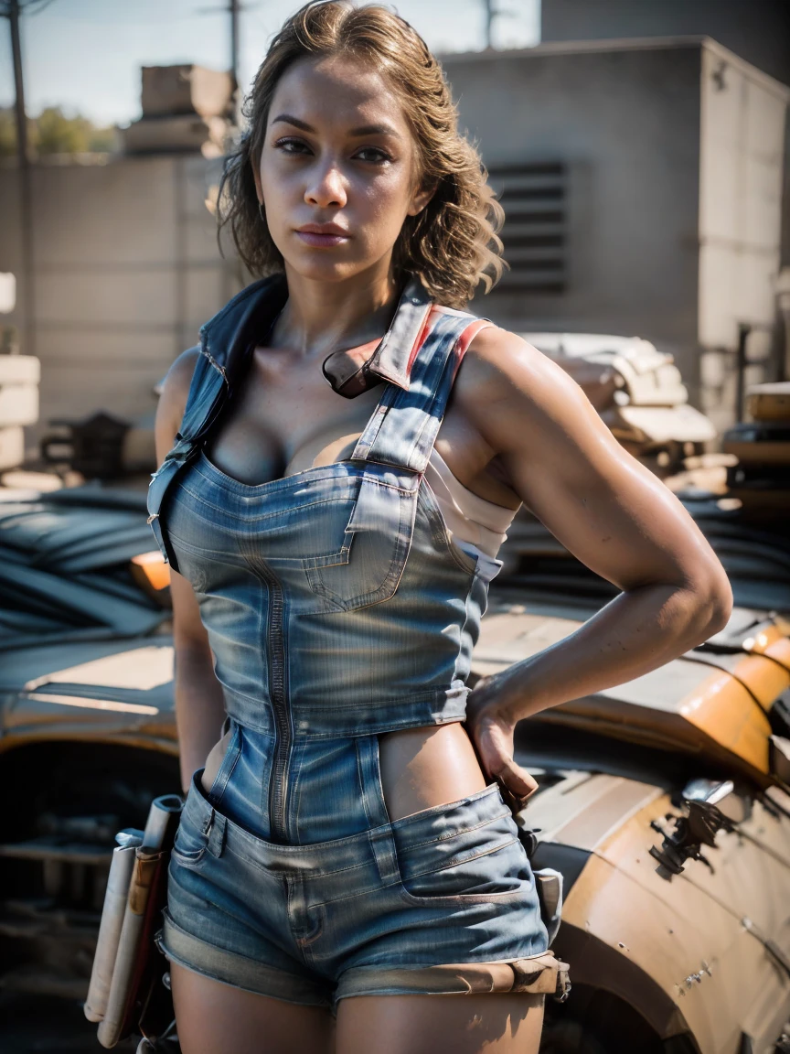 A sexy female mechanic, sexy torn mechanic overalls, bare midriff, pin-up aesthetic, high detail face, high detail skin, 8, HDR, high resolution, photo-realistic, cinematic lighting, depth of field, bokeh, rim lighting, backlit, cool colours, night