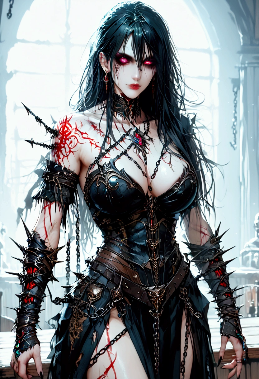 Create a hyper detailed photograph of a tattoos young sexy female berserker deathknight, Stunningly perfect gorgeous soft feminine face, perfect makeup, detailed vibrant Florent neon eyes, long hair, high detailed beautiful legs, high detailed beautiful arms, perfect sexy hour glass body figure, detailed smooth skin, gigantic breast, large round ass, sexy seductive transparent deathknight armor, chains Jewelry,