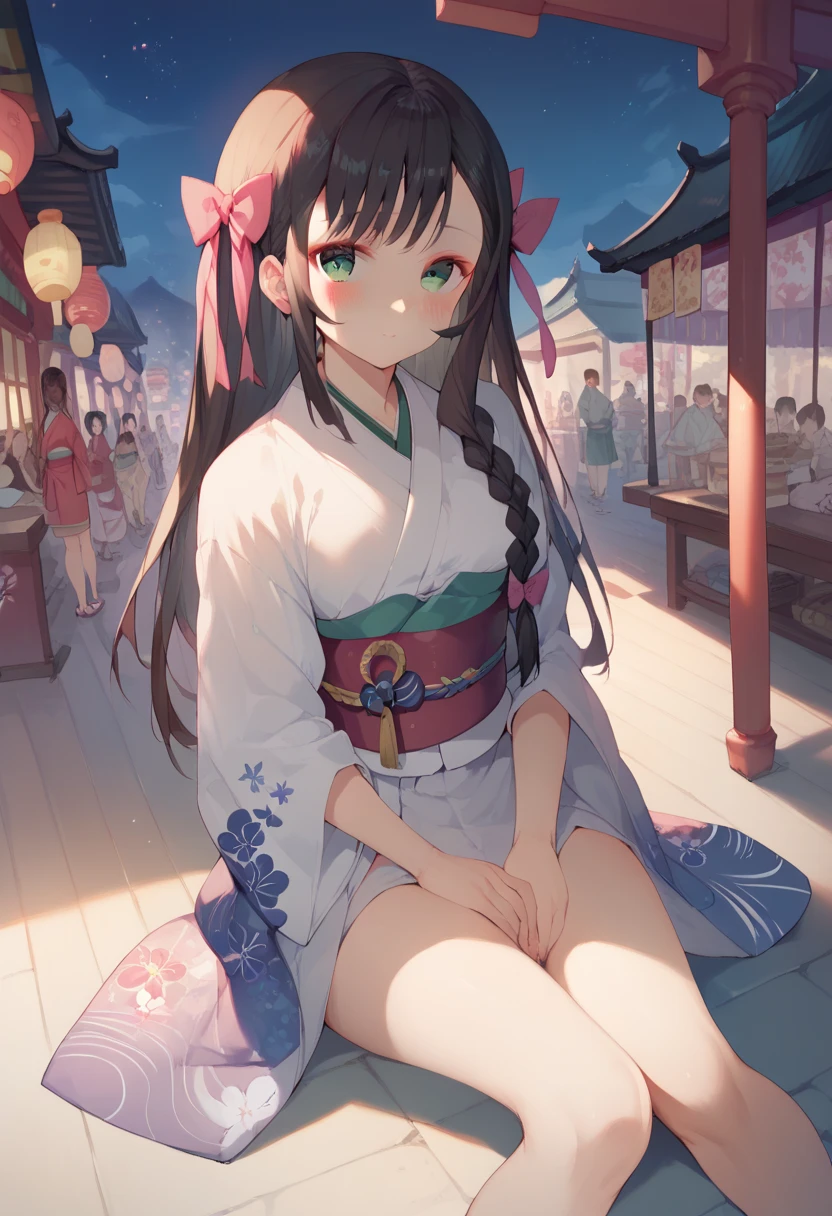 score_9,score_8_up,score_7_up, solo, 1girl, alina-default,green eyes,black hair, long hair, hair ribbon,braid, japanese clothes, kimono, sash, obi, pink bow, bow, hair bow, looking at viewer, blush, sitting, on floor, outdoors, japanese festival, night sky,