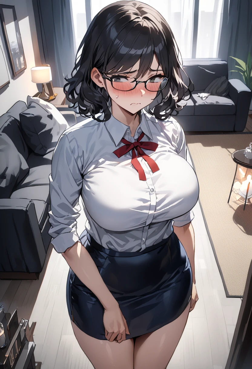 highest quality,(8K Portrait),(Official Art)、obesity、((short hair))、blush,((isark hair)),(Sweat),Black knee socks、One Woman,((:is))、hot、Office Room、Glasses、(Crouch:1.7)、(Wide-open legs:1.5)、whole body、Thin sweater
