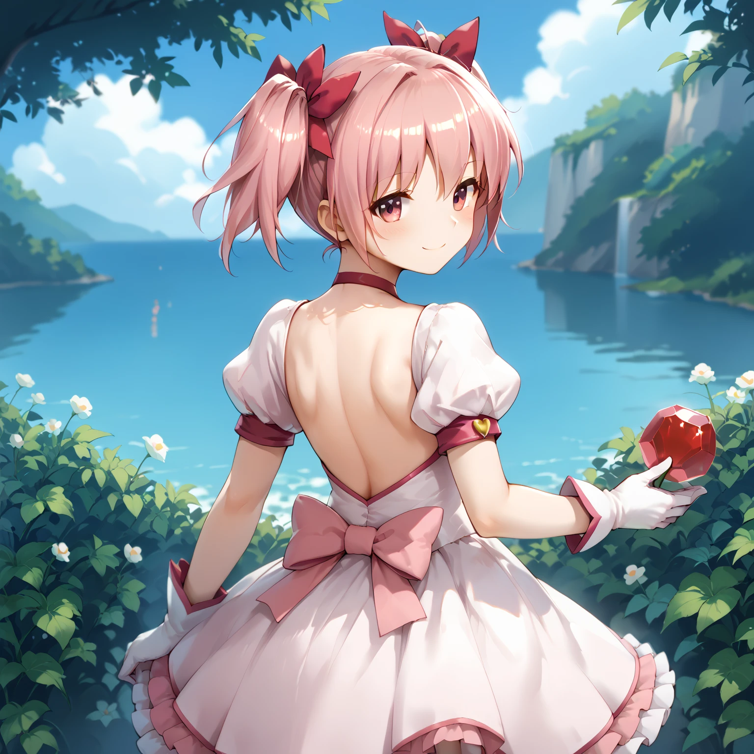 1girl, solo, masterpiece, best quality,
        gloves, mahou shoujo madoka magica, kaname madoka, madoka kaname, pink eyes, tareme, pink hair, short hair, twintails, short twintails, hair ribbon, red ribbon, magical girl, choker, ribbon choker, soul gem, collarbone, short sleeves, puffy sleeves, puffy short sleeves, center frills, white gloves, backless outfit, shoulder blades, medium breasts, bubble skirt, bow skirt,
          cowboy shot, twisted torso, looking back,
          blush, seductive smile,
          outdoors, garden