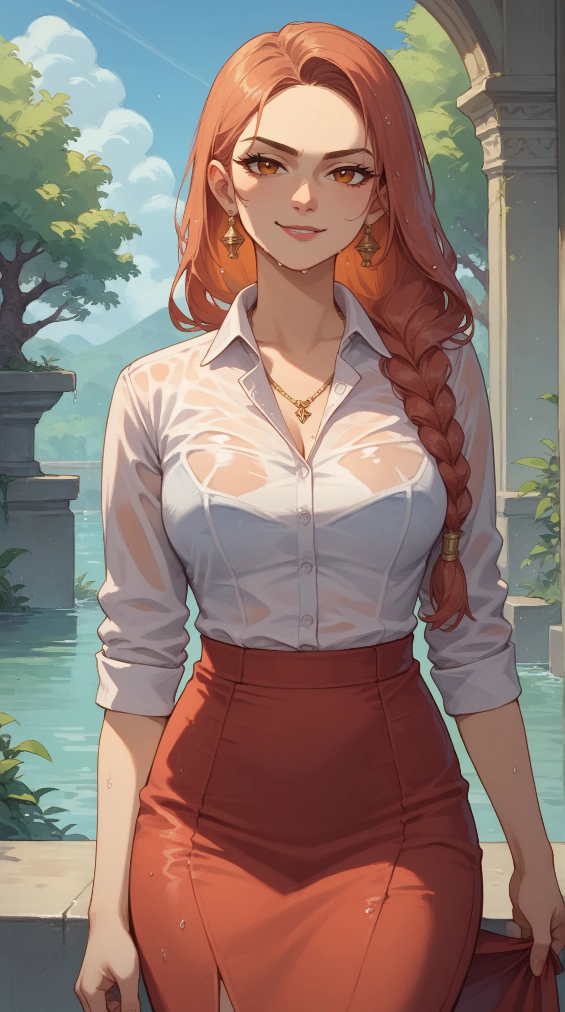 score_9, score_8_up,score_7_up, source_anime,2d anime,savita,solo,cowboy shot,solo focus,skirt suit,wet collared shirt,pencil skirt,looking at viewer,seductive smirk, expressiveh, kirtu,  