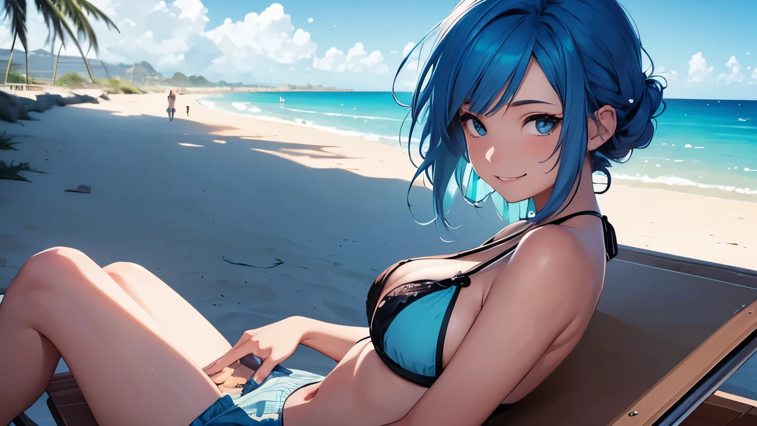 anime, beautiful face, highly detailed face, 2 accurate legs, detailed eyes, highly detailed beach background, perfect lighting, best body lighting, 1girl, solo, ganyu, genshin impact, outdoors, (beautiful light blue hair:1.2), absurdres, high res, ultrasharp, 8K, masterpiece, looking at viewer, teasing smile, BREAK (detailed sexy beach bikini:1.2), (all intricate lace:1.1), (elegant pose:1.2), (view from behind:1.2), ass view, looking over her shoulders,