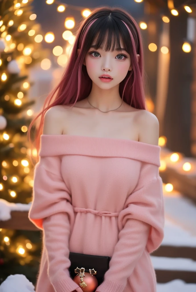   the night of Christmas Eve 、extremely realistic,  hyper realism ,  super real , (masterpiece,  Sophisticated eyes with attention to detail   : 1.2), (cute), の少女、 She's a girl with smooth, shiny black-pink hair.,age 15ristmas Decorations at Night at the Park When Snow Pours and Pile Up、(  stand with a Christmas present in her hand),  red ribbon in the hair、The hair length is shoulder length ,   In contrast to her very pale skin  .  your eyes are deep blue  ,  plump, Shiny pink lips . Her gaze is sharp 、 she has a clear face ,   She's a girl with a beautiful face and sharp expression   ,  off-shoulder、 white mini sweatshirt dress 、 black tights,  Black High Heels  ,