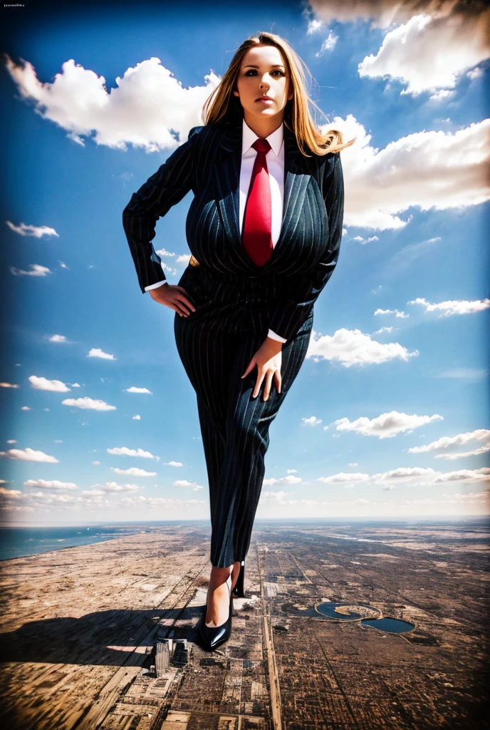 Looking up at the approaching young giantess, Giantess art, 500 miles tall giga giantess, young sophisticated and stylish woman in a black italian pinstriped trouser suit, form fitting crisp office shirt, and a large wide yellow necktie in a windsor knot, with a beautiful, curvaceous figure, large natural breasts, and long wavey blonde hair, with a curvaceous figure and massive breasts. wearing blue rounded court high heels with uncovered feet and standing, rampage-like pose, with a city skyscrapers background of mega-city, skyscapers, partially obscured by a hazy, cloudy atmosphere. The image is a high-resolution, masterpiece-quality, cinematic, ultra-detailed, and hyper-photorealistic photograph, with perfect hands, face, and lighting. ultra-detailed, 8K, photo-realistic, hyper-realistic, masterpiece, intricate details, full body view. Looking at camera, The image is a high-resolution, masterpiece-quality, cinematic, ultra-detailed, and hyper-photorealistic photograph, with perfect hands, face, and lighting. ultra-detailed, 8K, photo-realistic, hyper-realistic, masterpiece, intricate details,