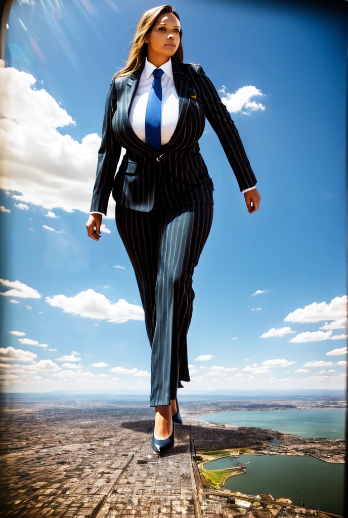 Looking up at the approaching young giantess, Giantess art, 500 miles tall giga giantess, young sophisticated and stylish woman in a black italian pinstriped trouser suit, form fitting crisp office shirt, and a large wide yellow necktie in a windsor knot, with a beautiful, curvaceous figure, large natural breasts, and long wavey blonde hair, with a curvaceous figure and massive breasts. wearing blue rounded court high heels with uncovered feet and standing, rampage-like pose, with a city skyscrapers background of mega-city, skyscapers, partially obscured by a hazy, cloudy atmosphere. The image is a high-resolution, masterpiece-quality, cinematic, ultra-detailed, and hyper-photorealistic photograph, with perfect hands, face, and lighting. ultra-detailed, 8K, photo-realistic, hyper-realistic, masterpiece, intricate details, full body view. Looking at camera, The image is a high-resolution, masterpiece-quality, cinematic, ultra-detailed, and hyper-photorealistic photograph, with perfect hands, face, and lighting. ultra-detailed, 8K, photo-realistic, hyper-realistic, masterpiece, intricate details,