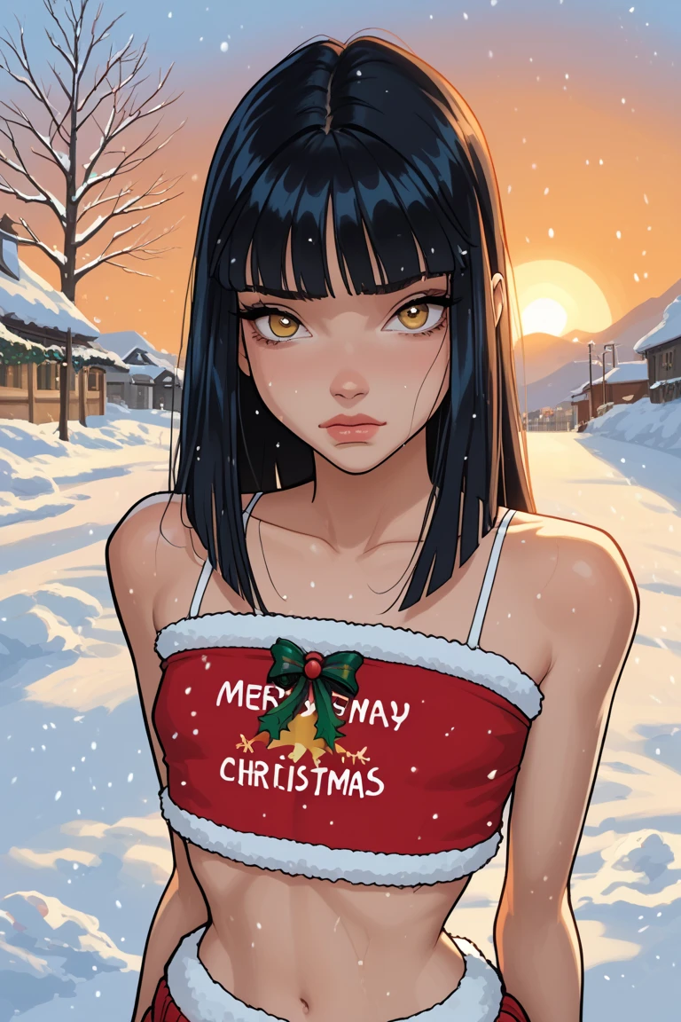 1 girl,  annoying expression , (Olive light eyes ) ( small cropped top:1.4),  Christmas, Cold and Snow ,  dark hair, hime cut,  Looking at the viewer , ,  session, small chest, ( small and thin body ), retrato. (sunset:1.4),  score_9,  score_8_above,  score_7_above. W1nx, artstyle.