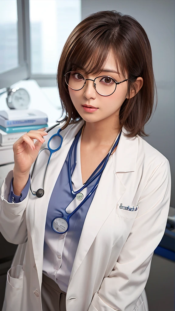  neat round cute like doctor woman, (masterpiece,  top quality ,  Details, 8k),  serious face,  long bob hair ,  Dark Brown Hair,  natural huge boobs , Naked and in a white coat, Good-looking glasses , Stethoscope,  look at you,  from above