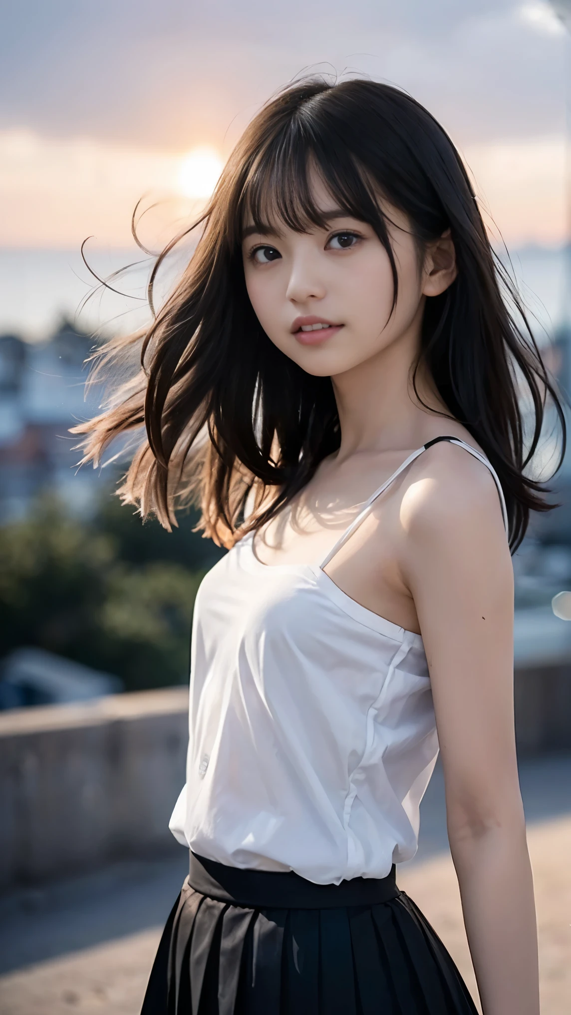 1girl, woman, 25 years old woman, girl in summer clothes, beautiful, medium breasts, flirtatious look, ((very detailed)), photorealistic image, high res, looking at viewer:1.8, (1girl eyes looking at viewer:1.55), Plain costumes, Simple Background, Emphasis on the chest, Hands behind the body, White outfit, whole body, Raise your arms and show your armpits, show your armpits, hands behind head, waki, photorealistic, (bokeh), best quality, 8k, UHD