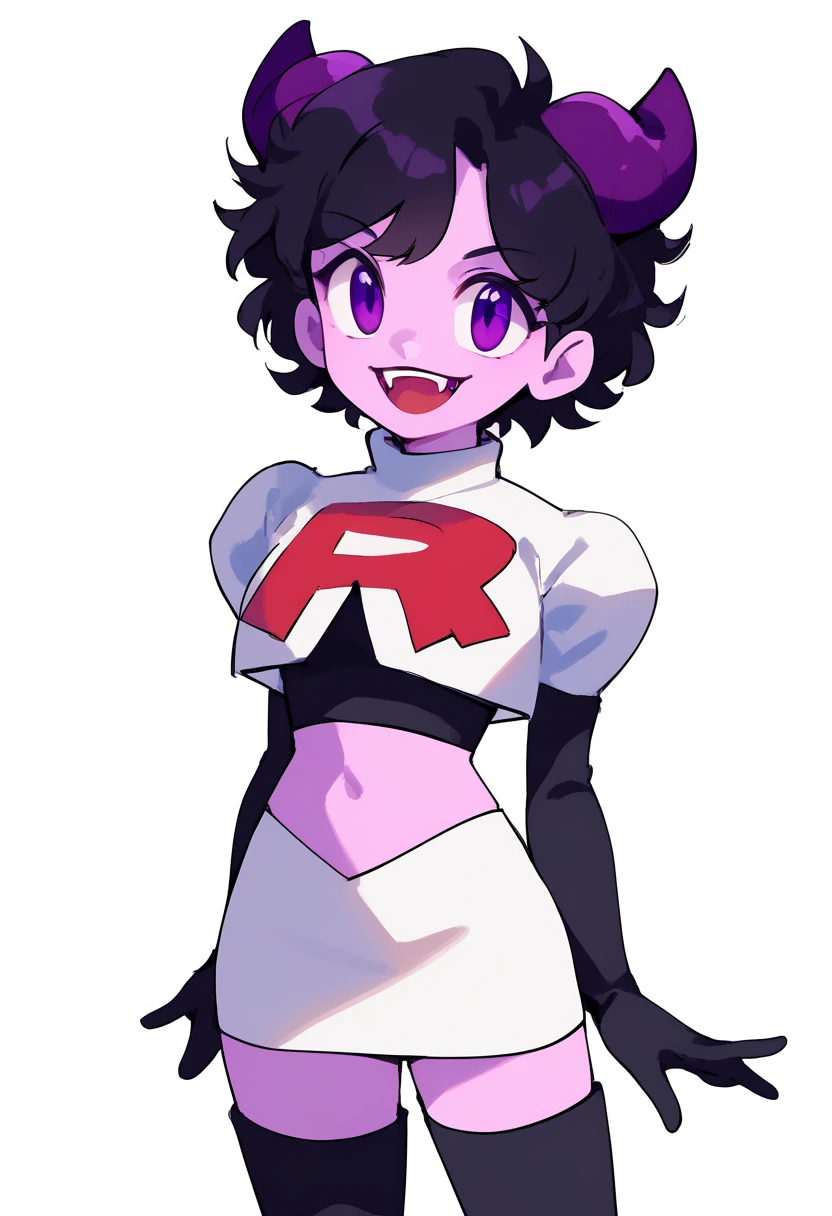 jellybean_yt, solo, looking at viewer, smile, short hair, open mouth, black hair, 1girl, white background, purple eyes, female focus, horns, teeth, colored skin, fangs, team rocket,team rocket uniform,white skirt,red letter R,crop top,black thigh-highs,black elbow gloves, source