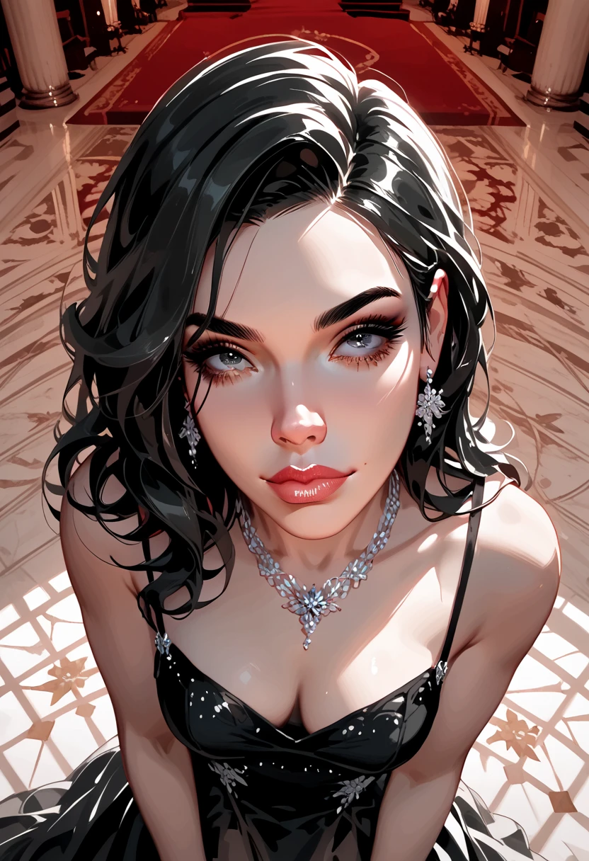  score_9,  score_8_above,  score_7_above,  source  _animated, arrogant,girl, very elegant, expressive eyes, semi-transparent dress,  black dress , in a palace, dramatic light (dramatic light), silk hair,  black hair, ,delicate woman, dark shadows in the background