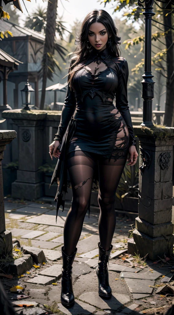 Mavis Dracula, goth girl, ((Artwork, best quality)), detailed skin, 16k, highly detailed, Cinematic lighting, ultra realistic, blushing, looking at viewer, black hair, short hair, pale-white skin, air free, cleavage, big breasts, wide hips, full body view, tall, skirt, miniskirt, microskirt, pleated skirt, thighs, head, standing in the forest, black lipstick, cute, lit, realistic shading, gothic aesthetic, atmosphere dream,