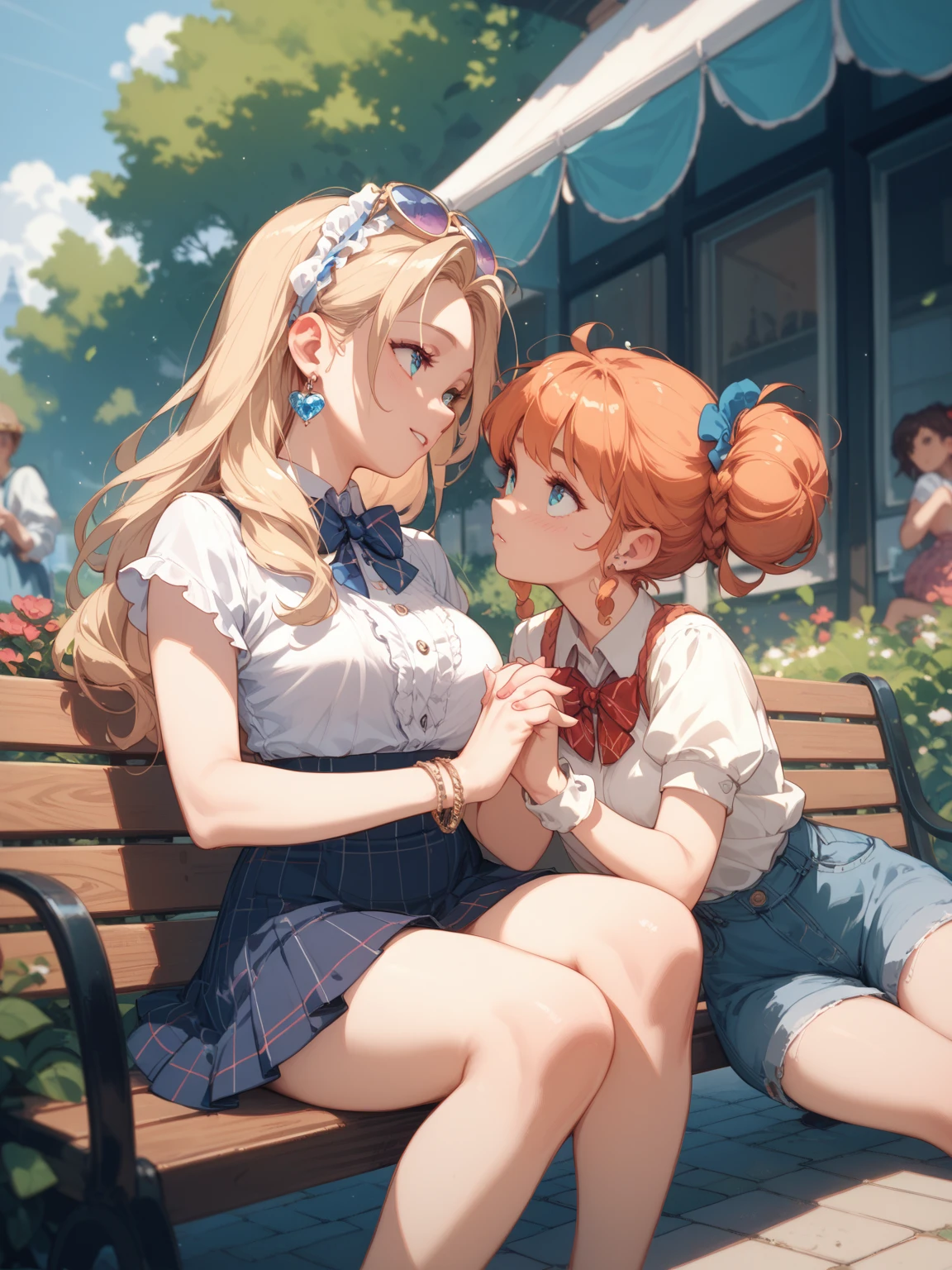 Spectacular anime style. In a park two women are sitting on a bench holding hands and looking into each other's eyes. Their story is a mystery. The image lets the viewer's imagination run wild. 